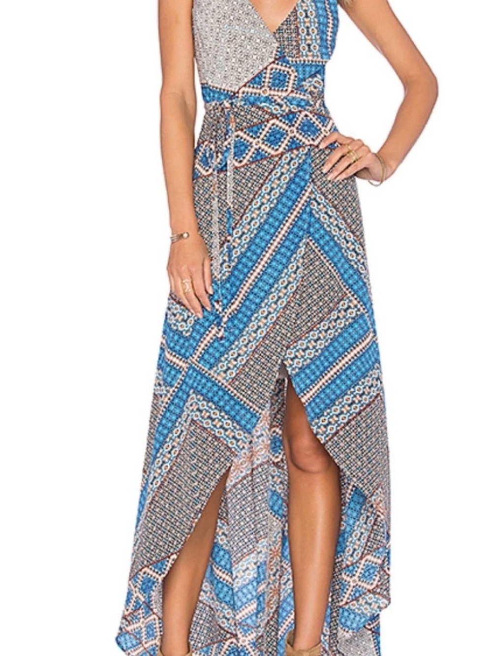 Yumi Kim Blue and White Patterned High-Low Maxi Dress
